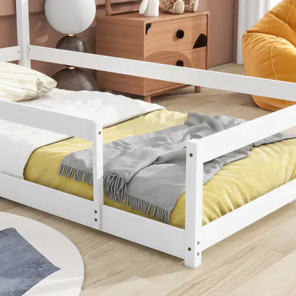 Twin Bed Frame - White Floor Bed for Toddlers - Kids House Bed
