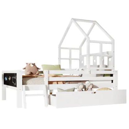 White House Bed for Kids Bedroom Kids Bed with Trundle & Ladder