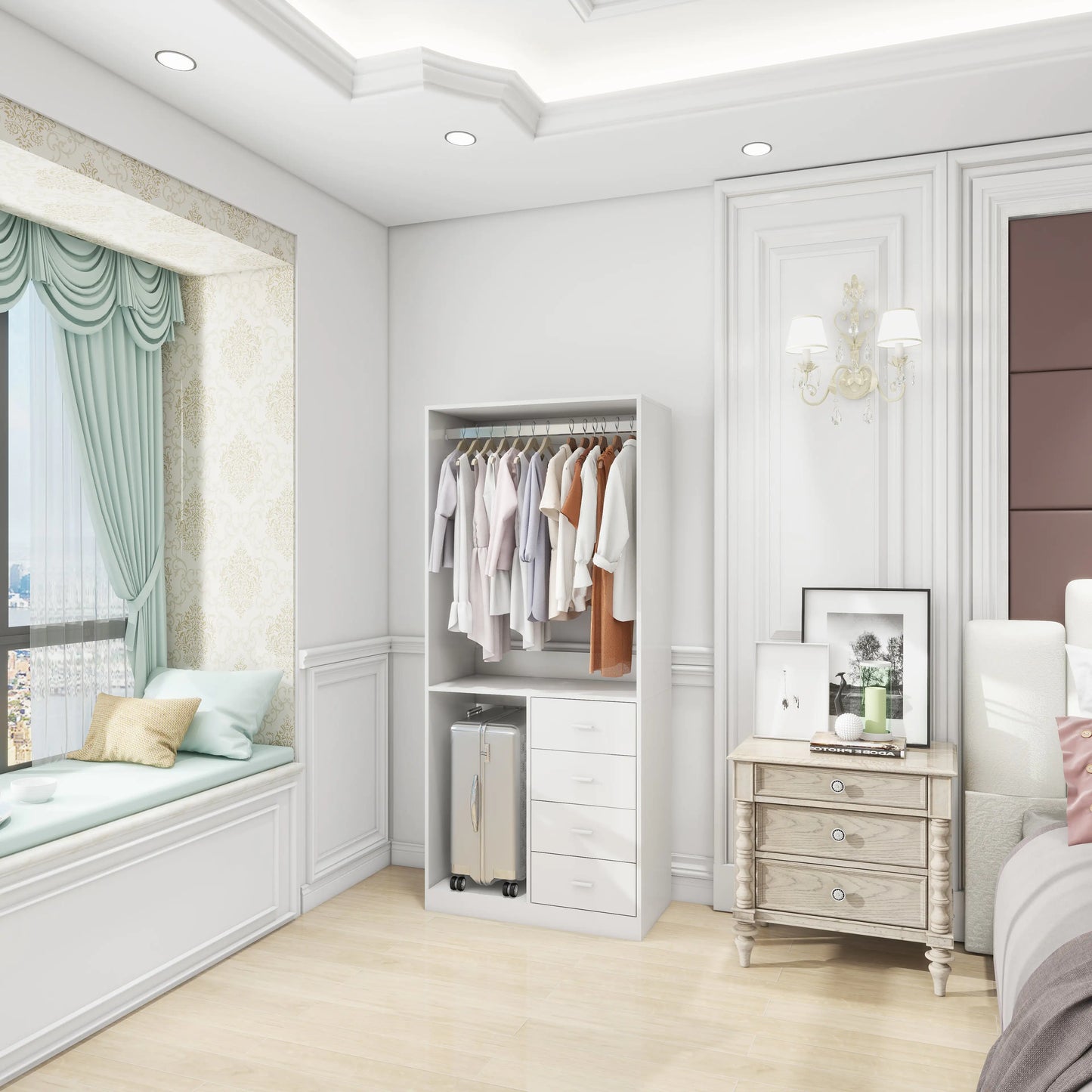 White Wood Wardrobe, Closet Organizer with Hanging Rod