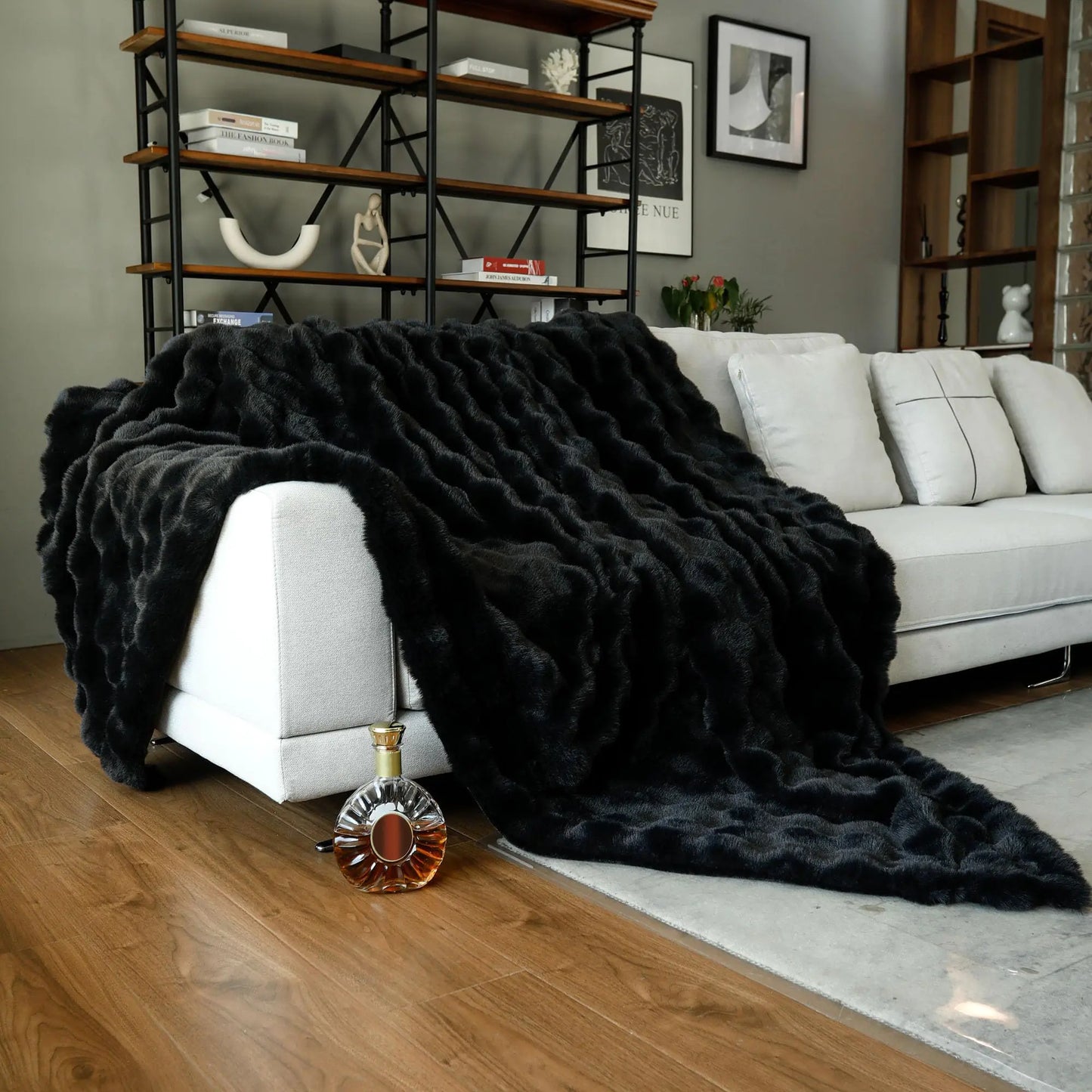 Black Faux Fur Bubble Throw Blanket 50x60"
