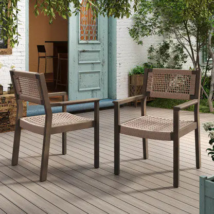 Set of 2 Woven Rope Outdoor Dining Chairs – Acacia Wood Patio Chairs