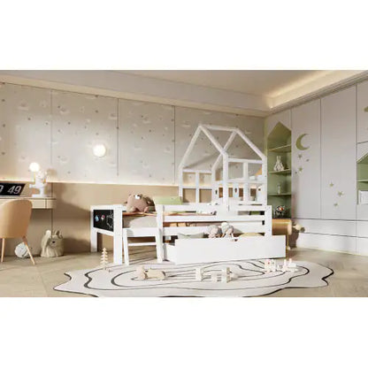 White House Bed for Kids Bedroom Kids Bed with Trundle & Ladder