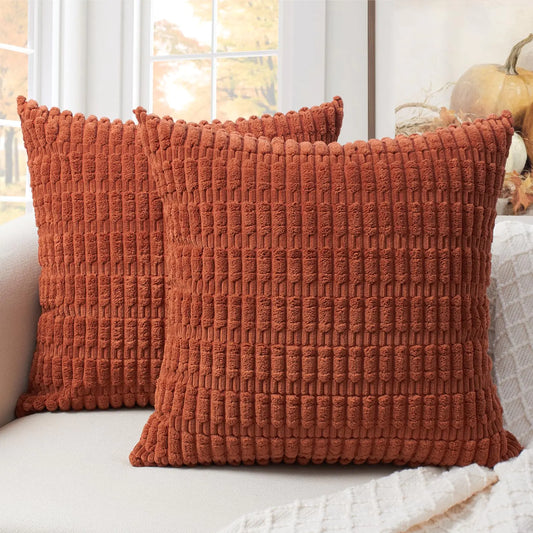Softalker Fall Throw Pillow Covers 18x18 Inch Set of 2 Corduroy Soft Striped Farmhouse Boho Pillow Cover Modern Decorative Cushion Pillow Case for Couch Sofa Bedroom Living Room(Burnt Orange)