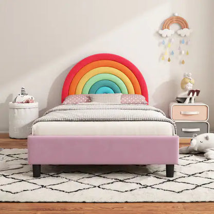 Velvet Bed - Pink Bed for Girls Bedroom - Rainbow Twin Kids Bed