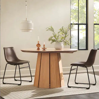 Modern Pedestal Dining Table, Brown Round Solid Wood Dining Table