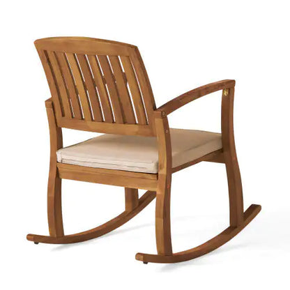 Natural Wood Rocking Chair with Cream Cushion, Outdoor Seating