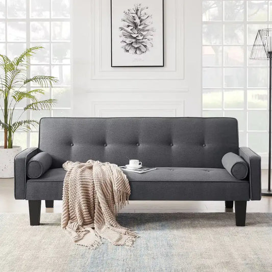 Dark Grey Tufted Fabric Loveseat Sofa with Pillows