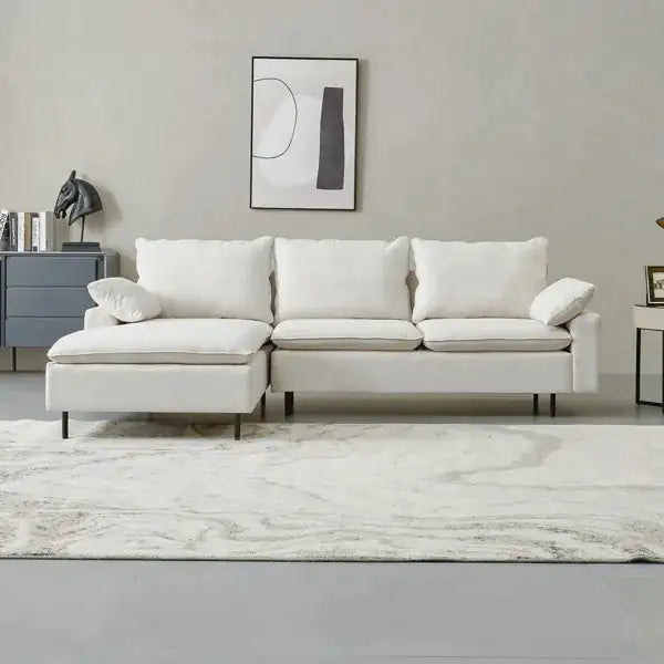 L-Shaped Sectional Sofa with Right Chaise, Linen Modern White Sofa