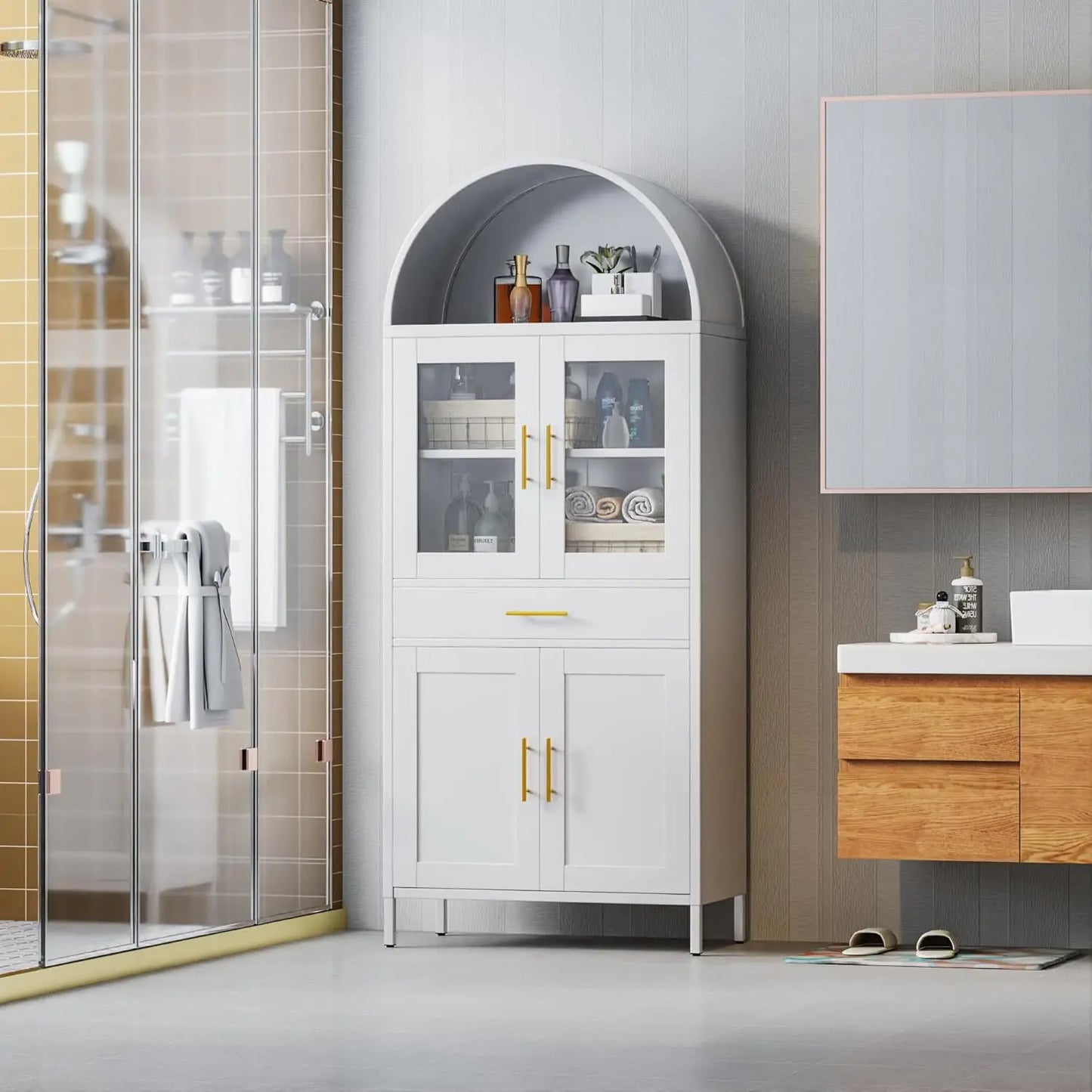 White Tall Metal Arched Display Cabinet