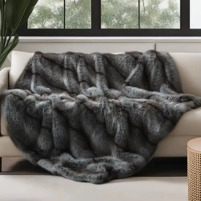 Luxury Plaid Faux Fur Blanket Soft Warm Throw