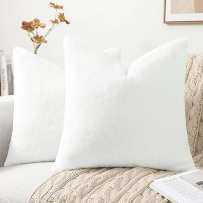 Set of 2 White Faux Fur Plush Pillow Covers