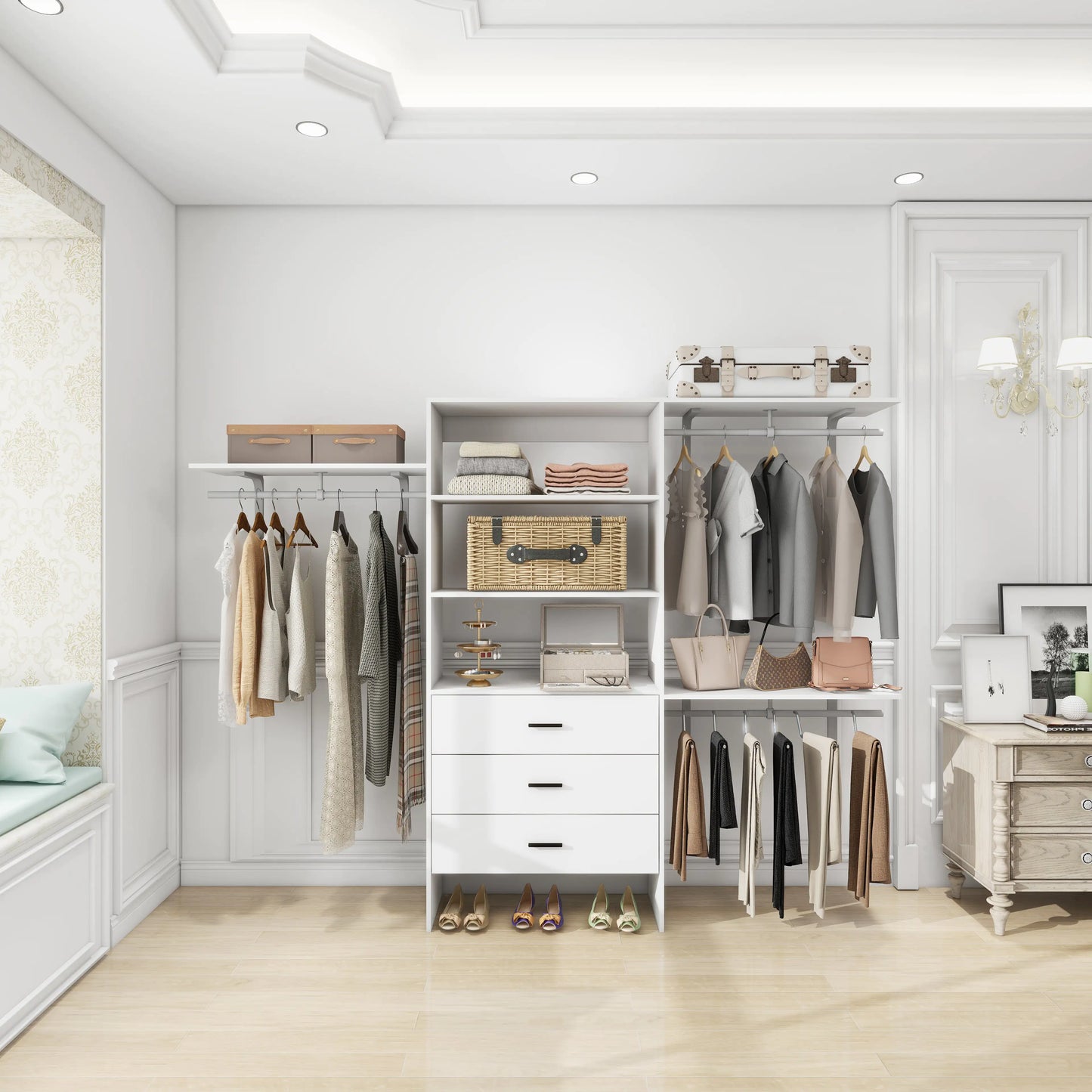 Contemporary Wardrobe, White Clothes Organizer with Shelves