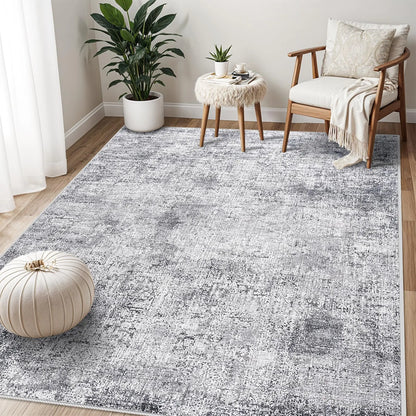 5x7 Washable Area Rug - Blue and Grey Non-Slip Abstract Rug