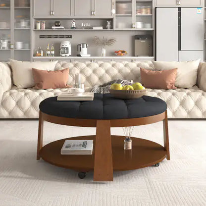 2 Tier Round Ottoman Coffee Table, Large Tufted Upholstered Table