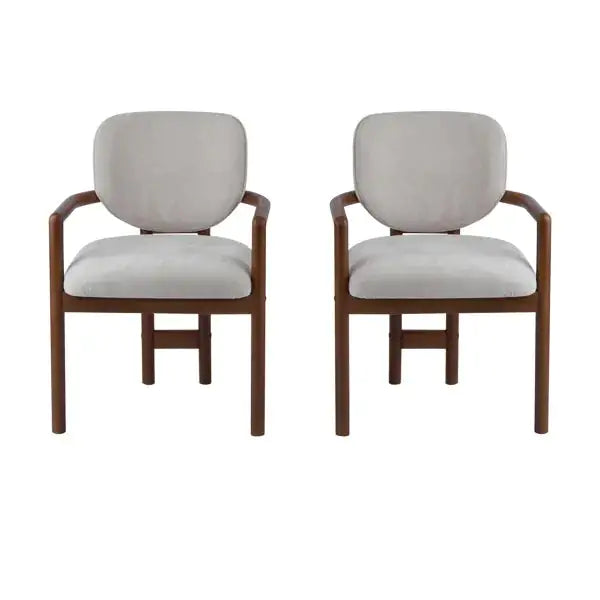 Set of 2 Beige Upholstered Dining Chairs, Wood Accent Armchairs