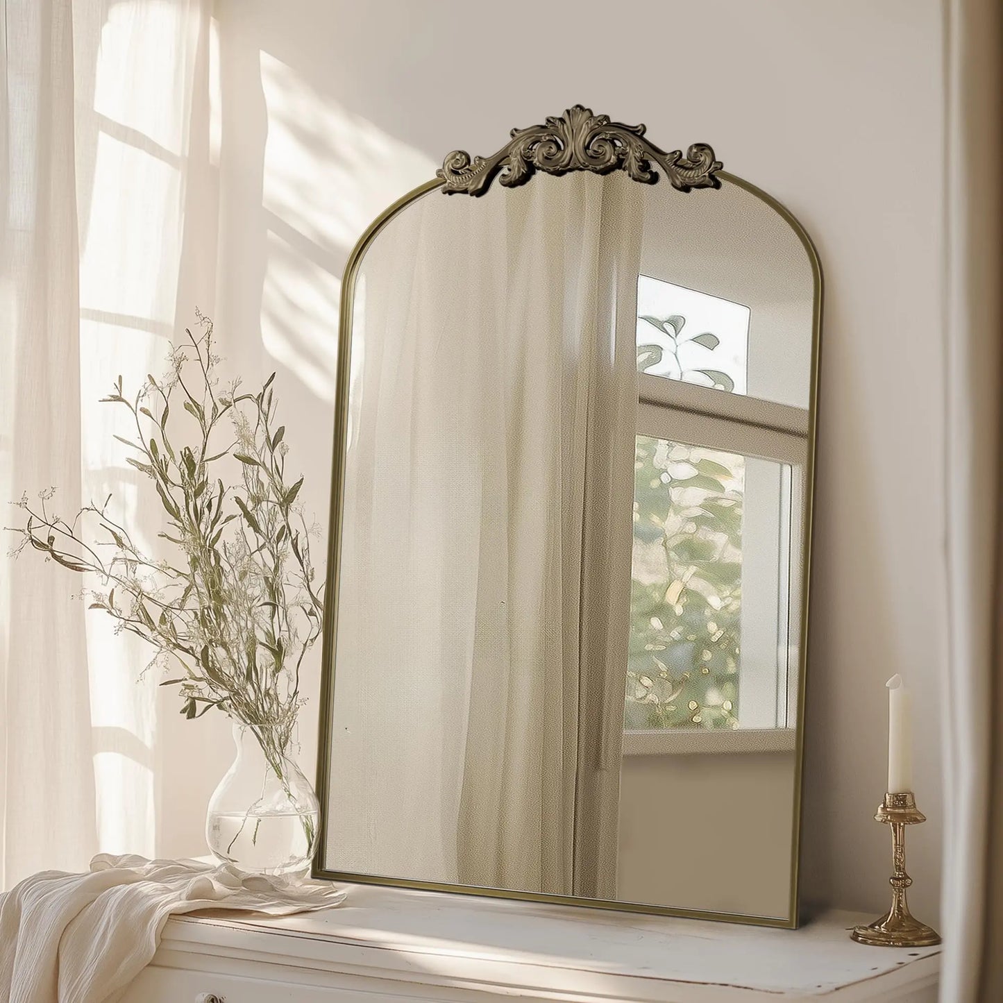 Bronze Arched Wall Mirror, Vintage Carved Frame for Living Room & Bedroom