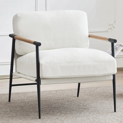 Modern White Mid Century Accent Chair with Cushion, Chenille Chair