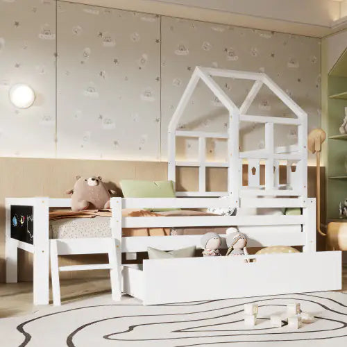 Full Size House Bed With Ladder & Storage