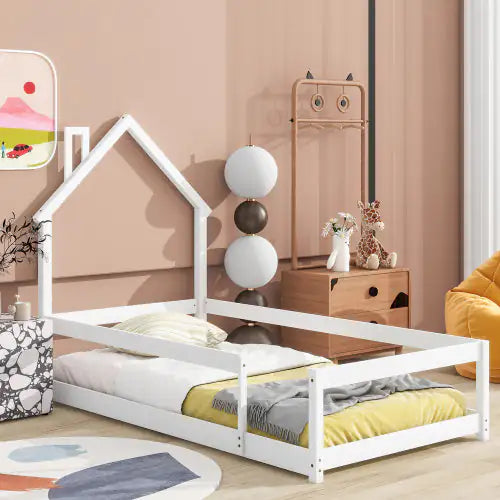 Twin Wooden Floor Bed with House Frame