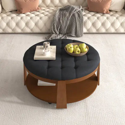 2 Tier Round Ottoman Coffee Table, Large Tufted Upholstered Table