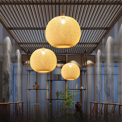 Japanese Bamboo Woven Sphere Pendant Lamp