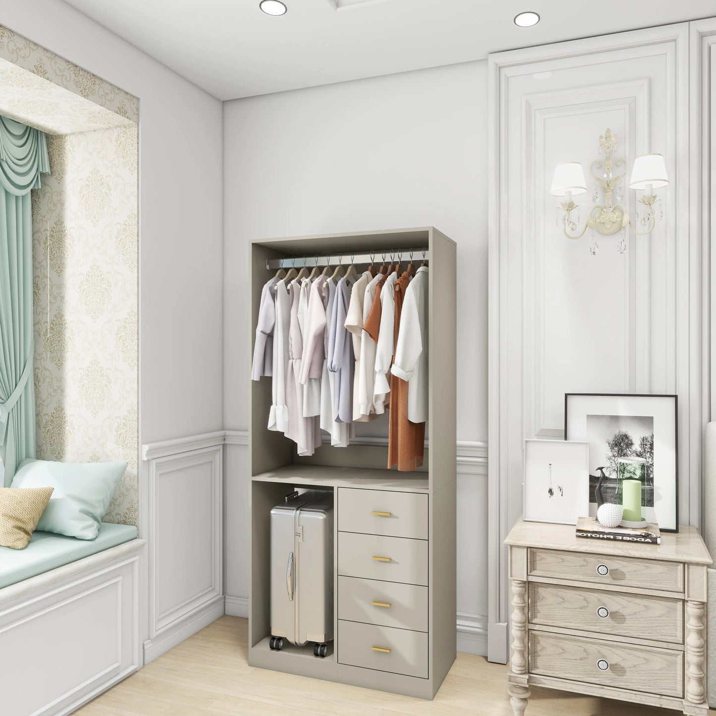 Grey Bedroom Wardrobe with 4 Drawers, Shelves and Hanging Rod
