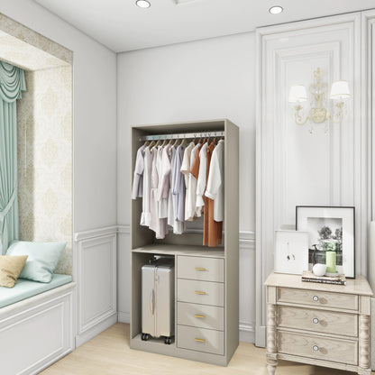 Grey Bedroom Wardrobe with 4 Drawers, Shelves and Hanging Rod