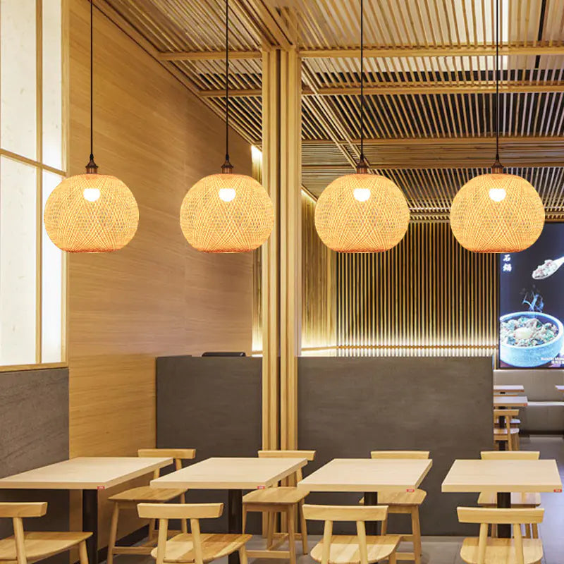 Japanese Bamboo Woven Sphere Pendant Lamp