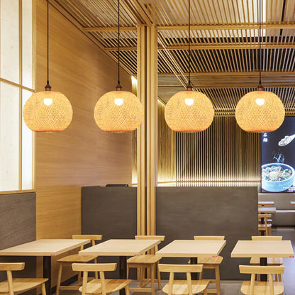 Japanese Bamboo Woven Sphere Pendant Lamp