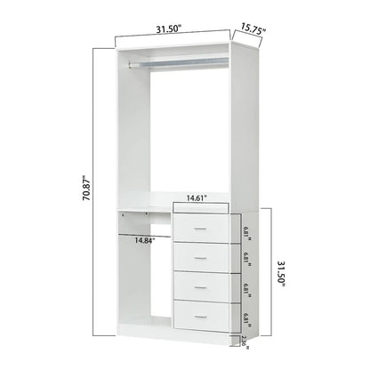 White Wood Wardrobe, Closet Organizer with Hanging Rod