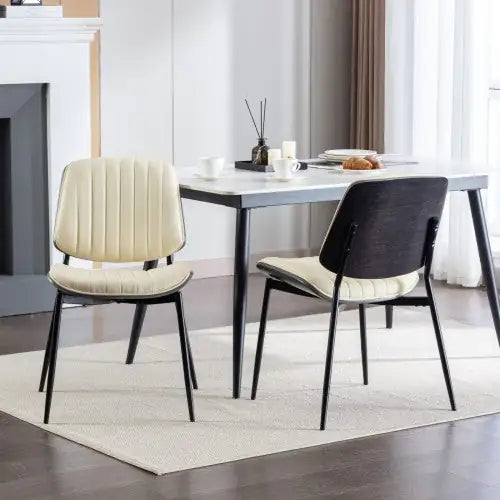 Set of 2 Beige Faux Leather Mid-Century Dining Chairs