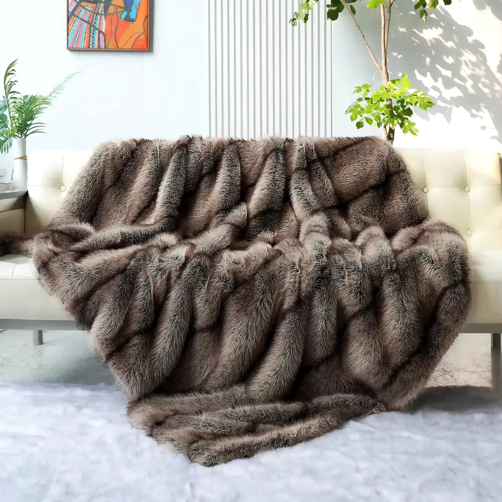 Luxury Plaid Faux Fur Blanket Soft Warm Throw