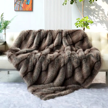 Luxury Plaid Faux Fur Blanket Soft Warm Throw