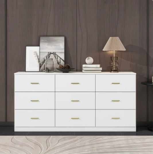 White 9-Drawer Bedroom Dresser with Gold Handles