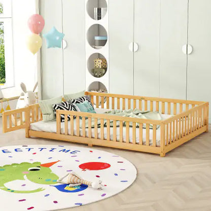 Queen Floor Bed - Wood Bed Frame with Guardrails - Toddler Beds