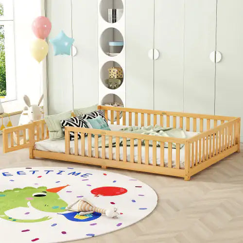 Queen Floor Bed - Wood Bed Frame with Guardrails - Toddler Beds