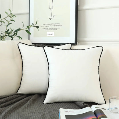 2 White Velvet Pillow Covers with Black Trim 22"x22"