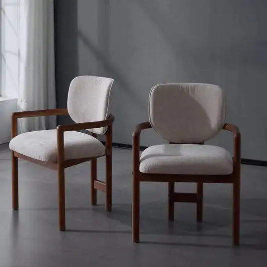 Set of 2 Beige Upholstered Dining Chairs, Wood Accent Armchairs
