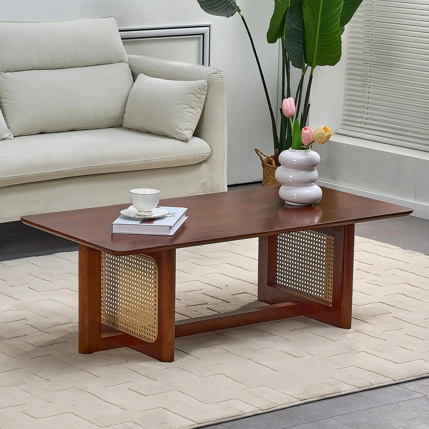 42.5" Solid Wood Coffee Table with Rattan Stand