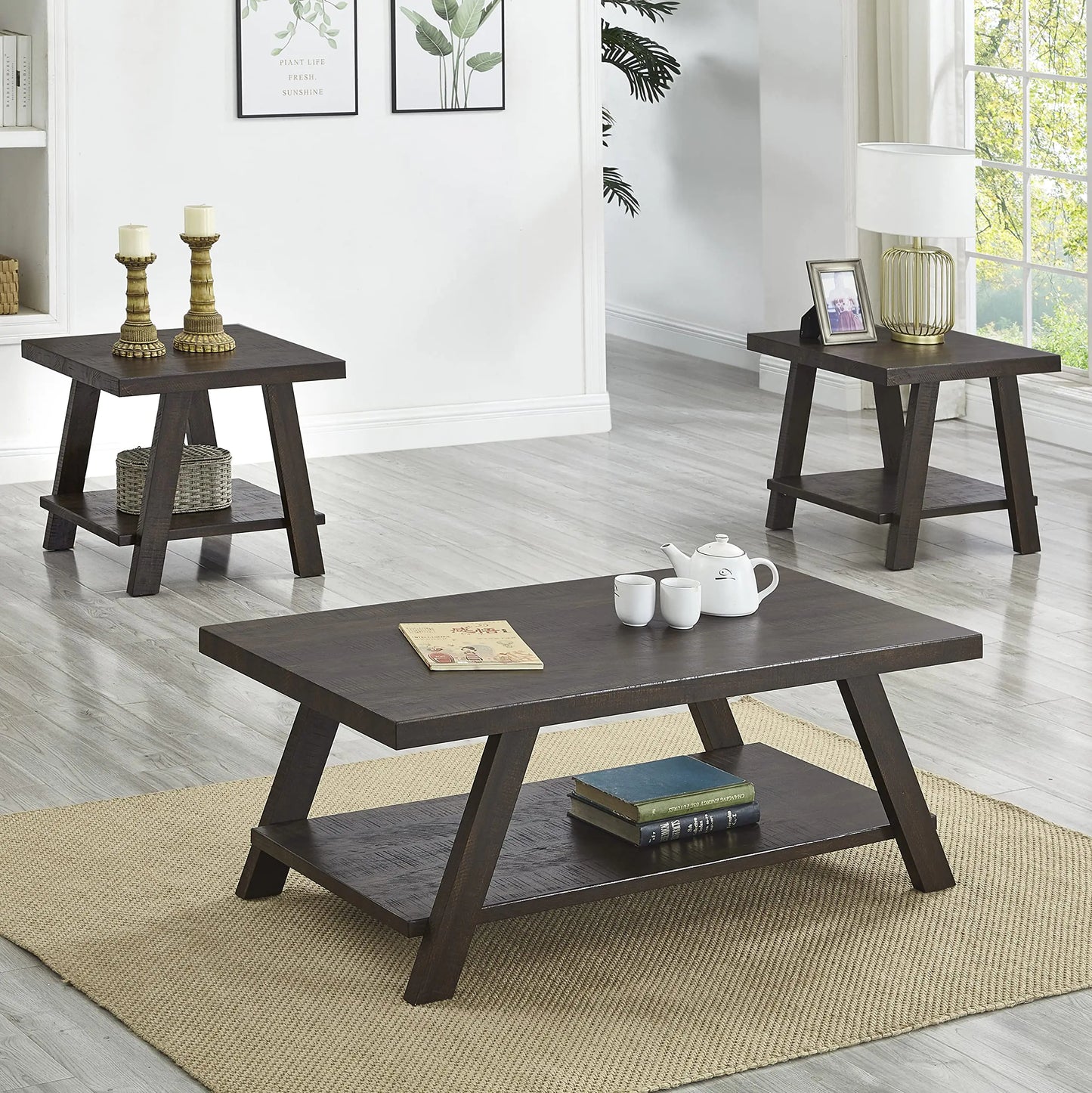 Espresso 3-Piece Coffee Table Set with Shelves