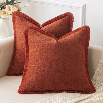 2 Burnt Orange 18x18" Chenille Pillow Covers with Tassels