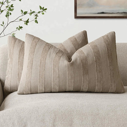 2 Khaki Tan Striped Chenille Lumbar Pillow Covers