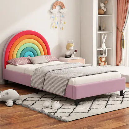 Velvet Bed - Pink Bed for Girls Bedroom - Rainbow Twin Kids Bed