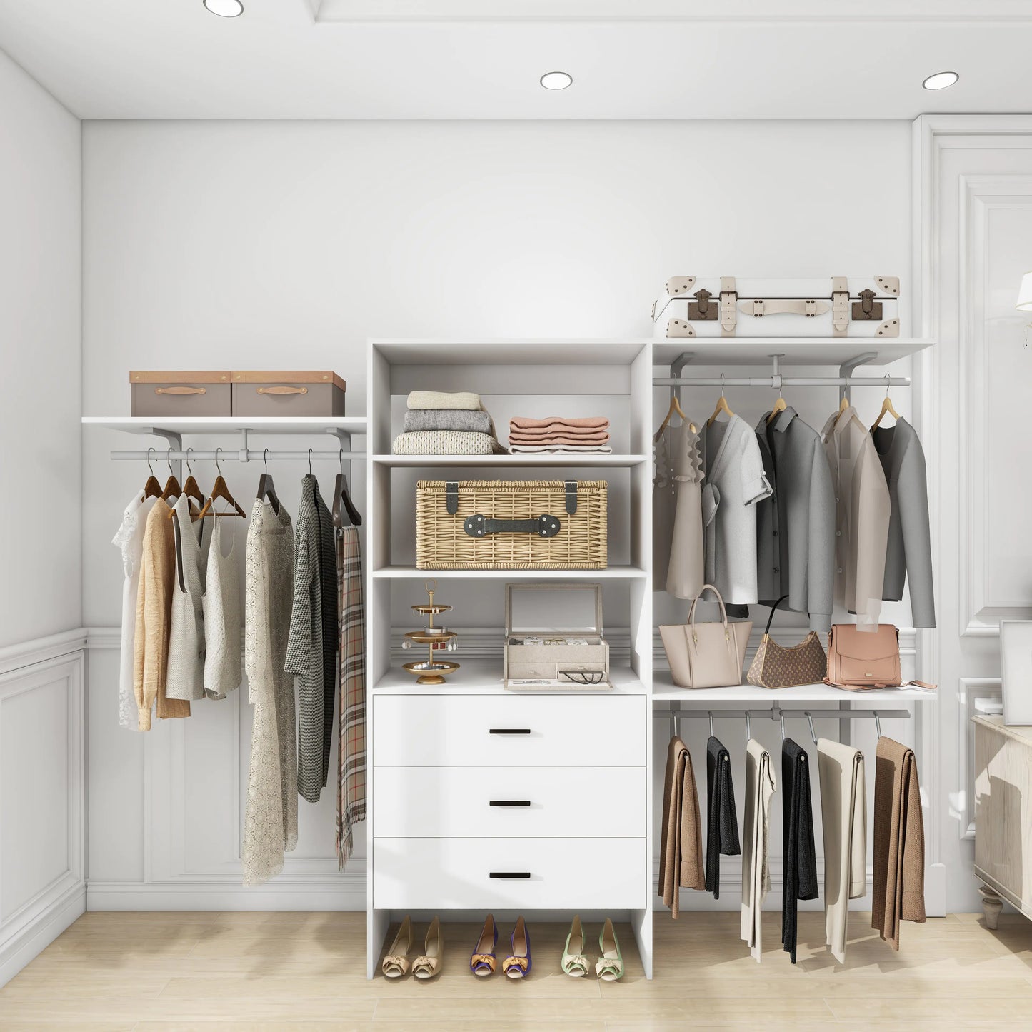 Contemporary Wardrobe, White Clothes Organizer with Shelves