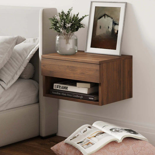 Floating Wall Mounted Nightstand with Drawer Walnut