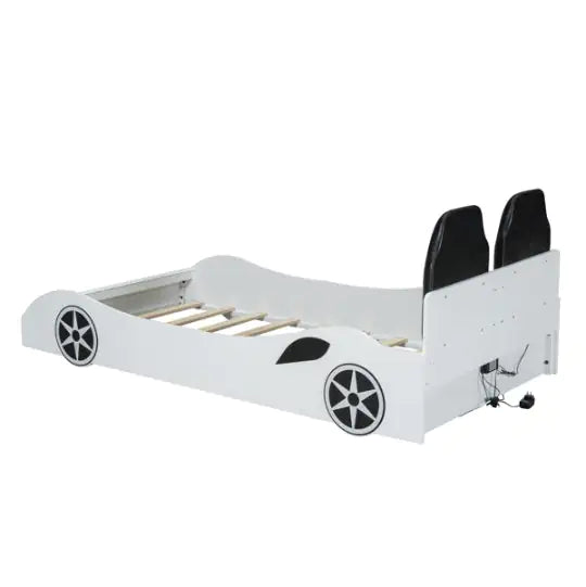 LED Race Car Bed, Twin Platform Bed with Upholstered Headboard