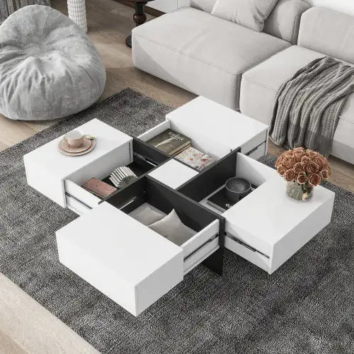 White Square Coffee Table with Hidden Storage Compartments