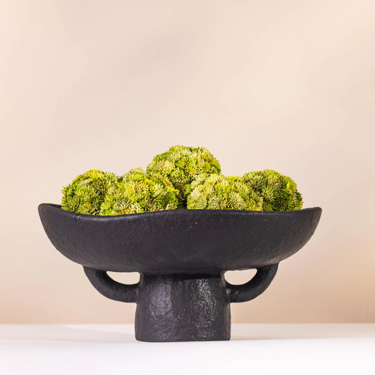 Textured Black Pedestal Bowl with Succulent Orbs