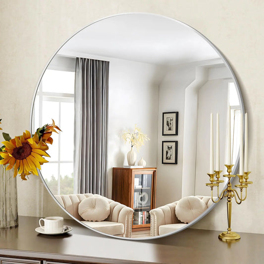 42” Round Mirror for Bedroom - Silver Wall Mirror with Metal Frame