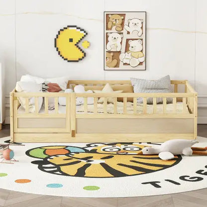 White Montessori Floor Bed, Toddler Bed with Safety Rails and Door